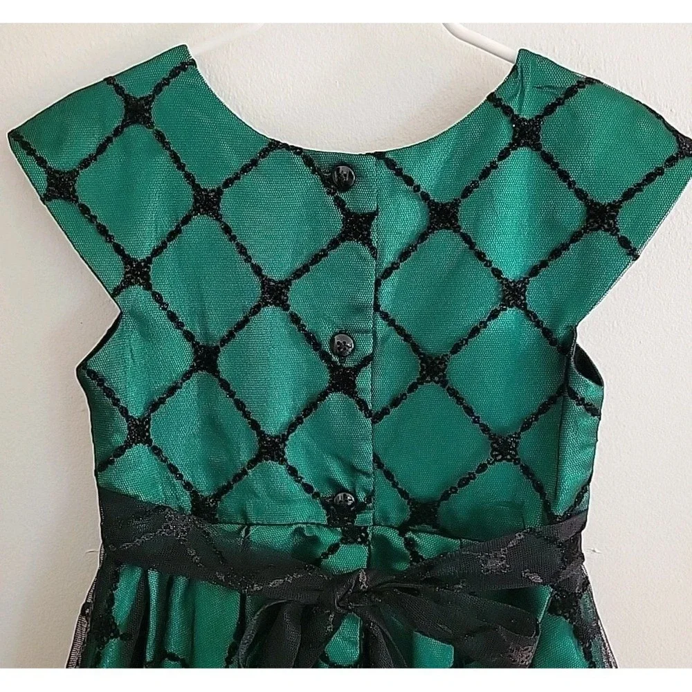 Jona Michelle Girls Dress 5 Emerald Green Satin Black Mesh Festive Holiday Party